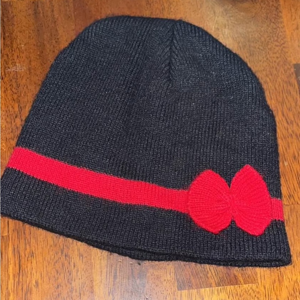 Black Knit Beanie with Red Bow Accent girls like new